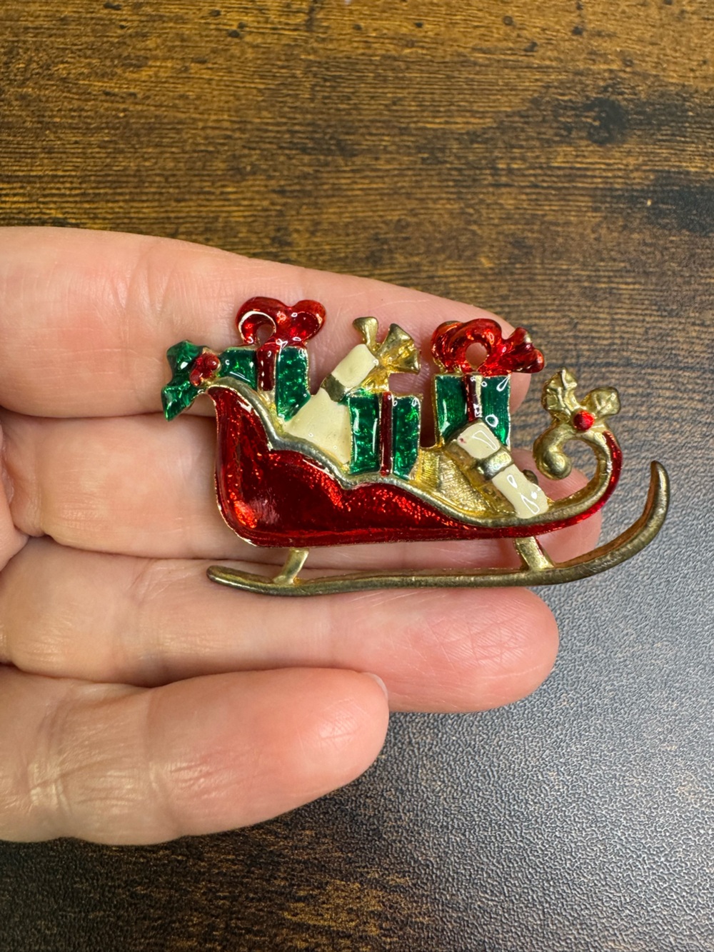 💚4/$20 Vintage Red, Green & Gold Sleigh Brooch